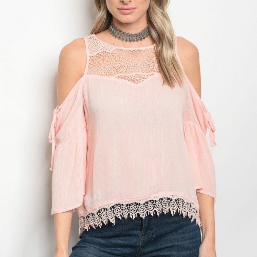 Pink Cold Shoulder Top w/ Lace Detailing